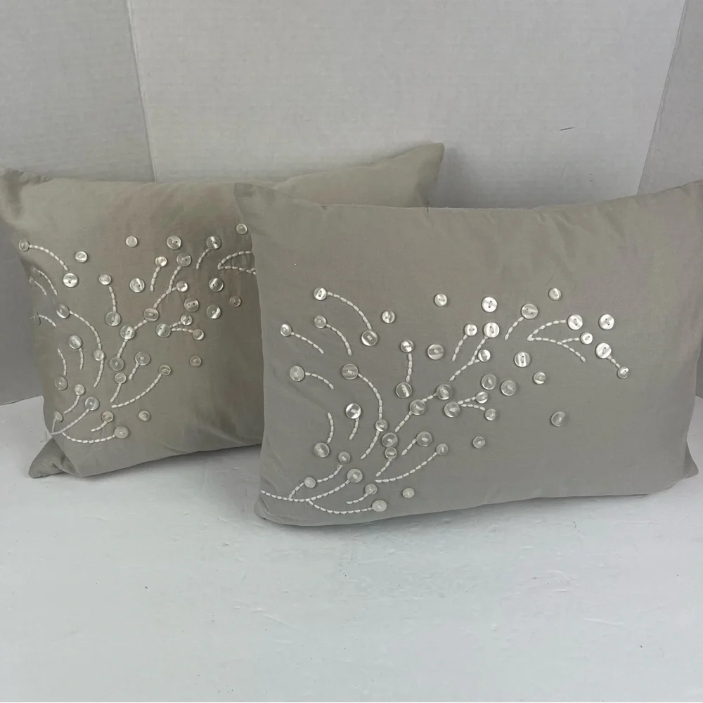 Pair of Barbara Berry grey accent pillows with button & embroidered accents
